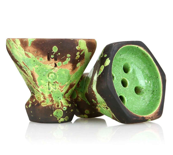 Green and brown ceramic hookah bowl with splatter design and multiple holes