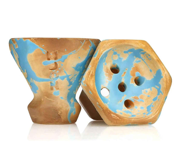Ceramic shisha bowl with matte blue and tan marbled finish, showing hexagonal top and holes
