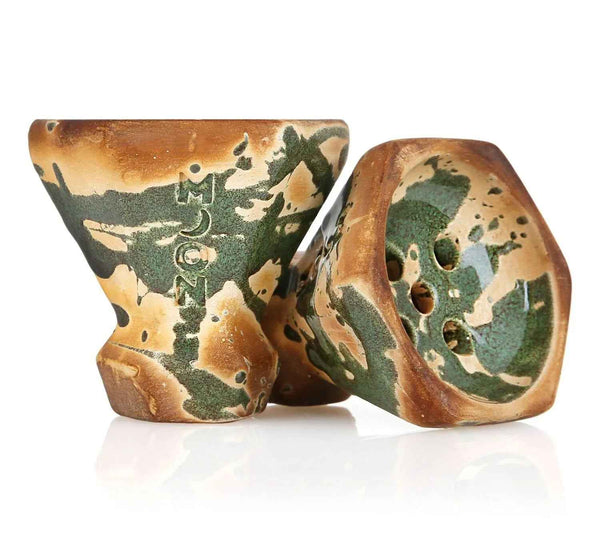 Ceramic hookah bowl with green and brown glaze, moon logo and multiple holes