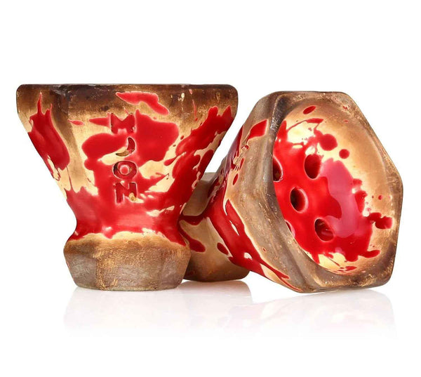 Ceramic hookah bowl with red and beige glaze, octagonal top, and multiple holes.