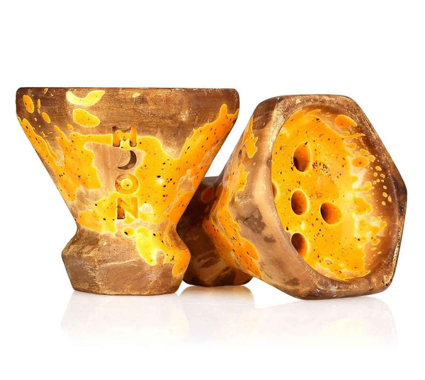 Yellow and brown ceramic hookah bowl with distinctive speckled glaze and multiple holes