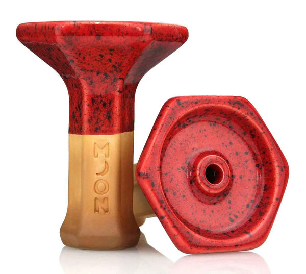 Red and tan ceramic phunnel hookah bowl with hexagonal base, speckled design