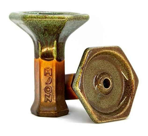 Ceramic phunnel hookah bowl with green and brown glaze, hexagonal base design, two views