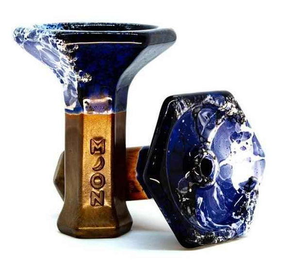 Blue and bronze phunnel hookah bowl with glossy marbled finish and raised lettering