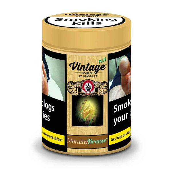 Vintage Plus Morning Breeze tobacco 50g jar with health warnings and decorative label.