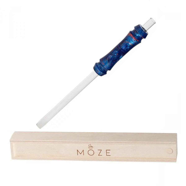 Blue acrylic shisha mouthpiece with clear stem and wooden box on white background