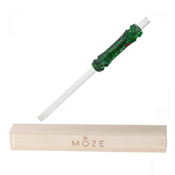 Green resin hookah mouthpiece with clear tip and wooden storage box on white background.