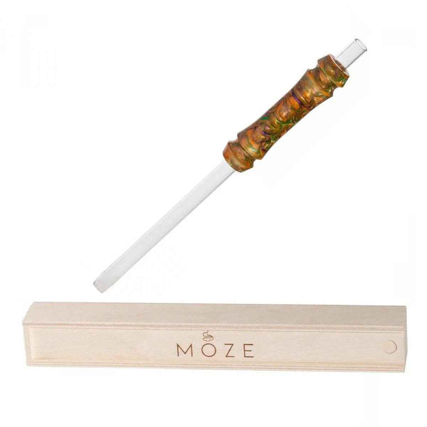 Orange hookah mouthpiece with textured handle and clear tube, shown beside MOZE wooden box.