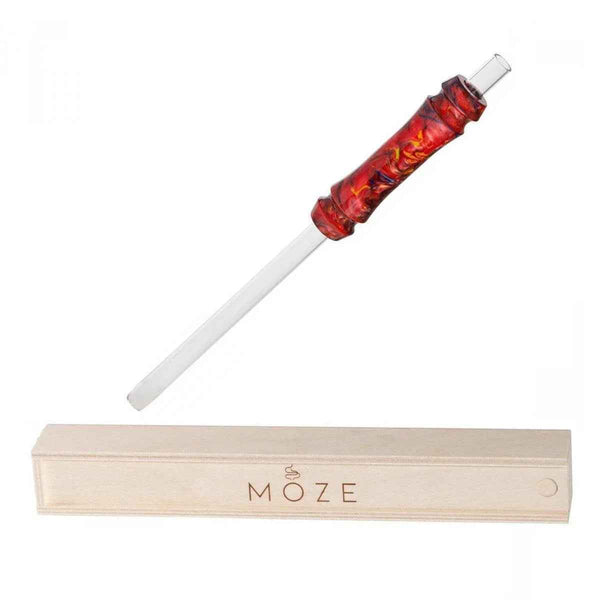 Red acrylic and glass shisha mouthpiece with decorative handle and MOZE branded box