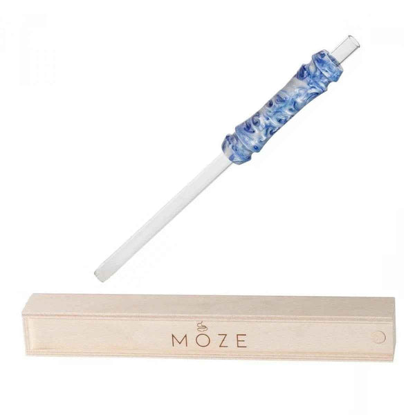 Silver blue hookah mouthpiece with swirled design, alongside a wooden storage box.