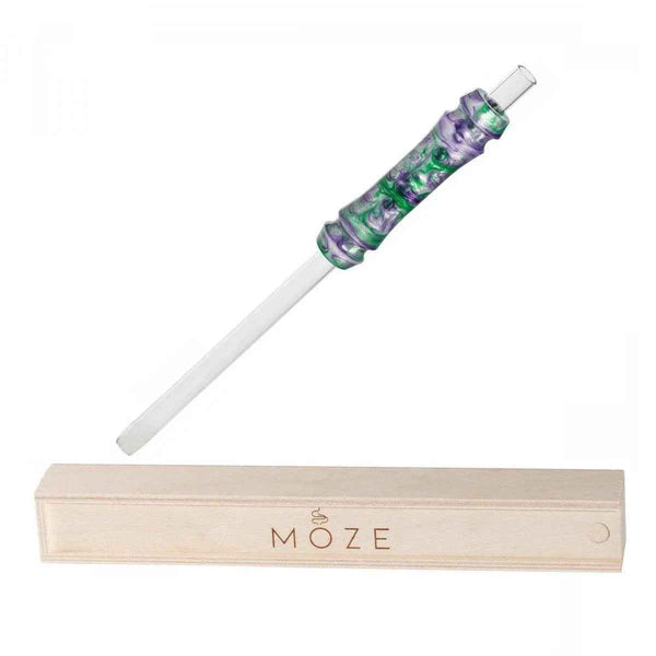 Silver, green, and purple shisha mouthpiece with clear stem and wooden box packaging.