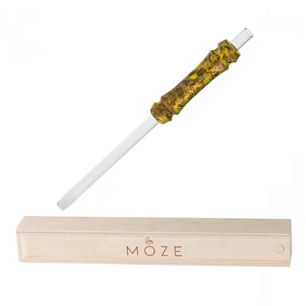 Yellow resin shisha mouthpiece with clear tube and wooden storage box on white background