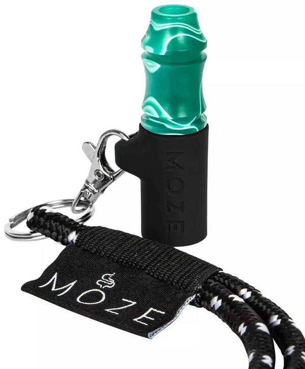 Green hookah mouth tip with black holder, keychain, and lanyard featuring MOZE tag