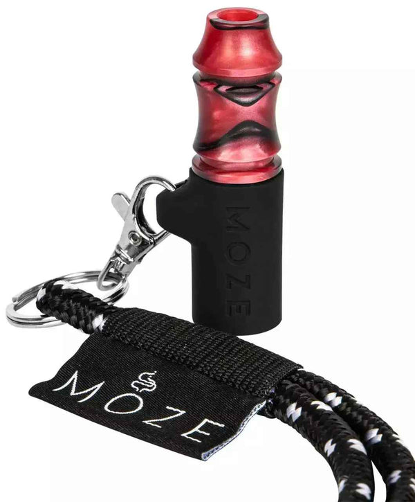 Red hookah mouth tip with black holder and lanyard, silver keyring attachment
