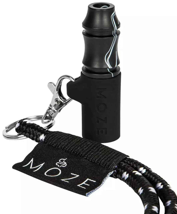 Black shisha mouth tip with lanyard and keychain, featuring subtle white accents