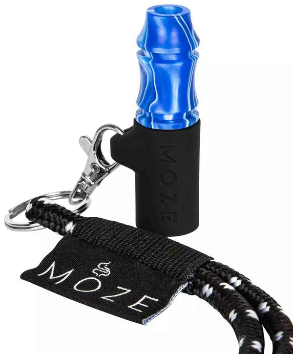 Blue shisha mouthtip with black holder, keyring, and black lanyard with white stitching