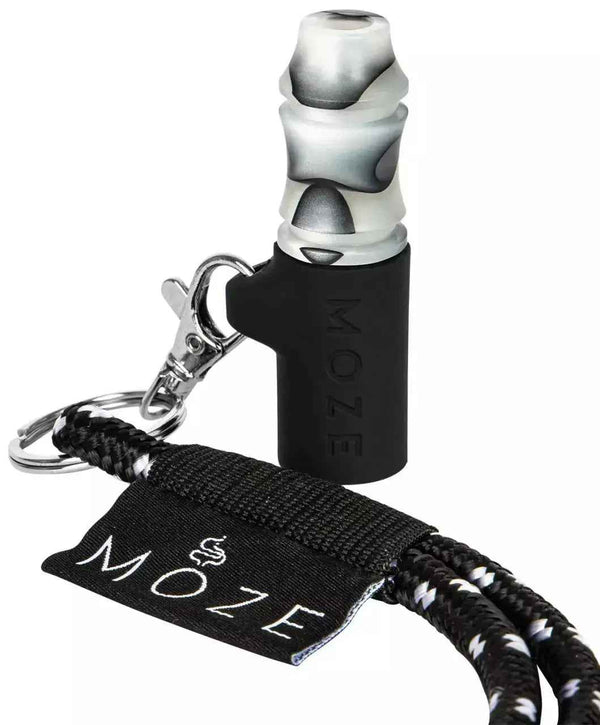 White and black hookah mouth tip with keychain and lanyard, Moze logo visible on tag