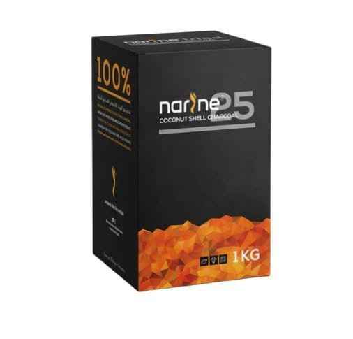 1 kg box of 25mm natural coconut charcoal for shisha, black packaging with orange accents