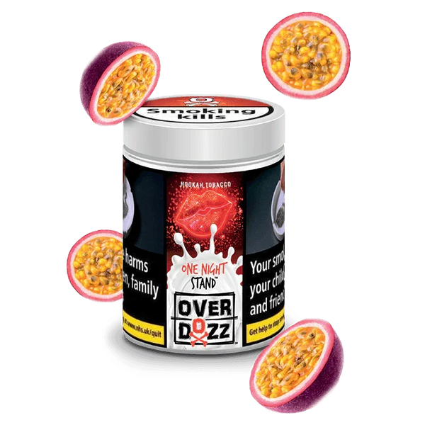 Hookah tobacco container with One Night Stand flavor, surrounded by fresh passion fruit