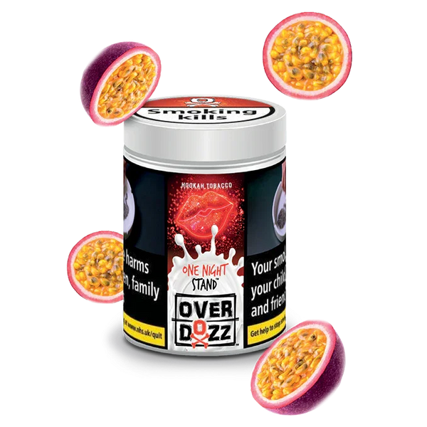 Overdozz One Night Stand hookah tobacco with passion fruit flavor, surrounded by passion fruits.