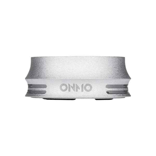 Silver hookah heat management device with ONMO logo, sleek design, isolated on white