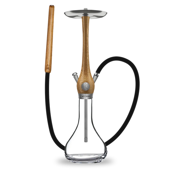 Modern hookah with oak wood stem, clear glass base, and black hose on white background