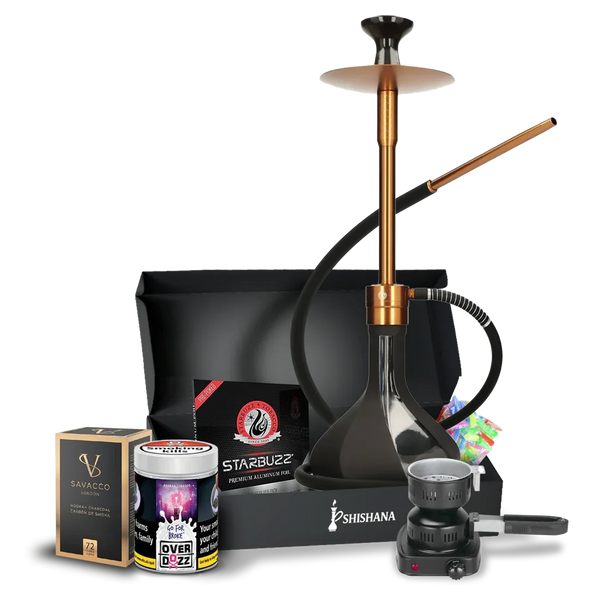 Dark gold shisha kit with accessories, tobacco, charcoal, foil, and hose set