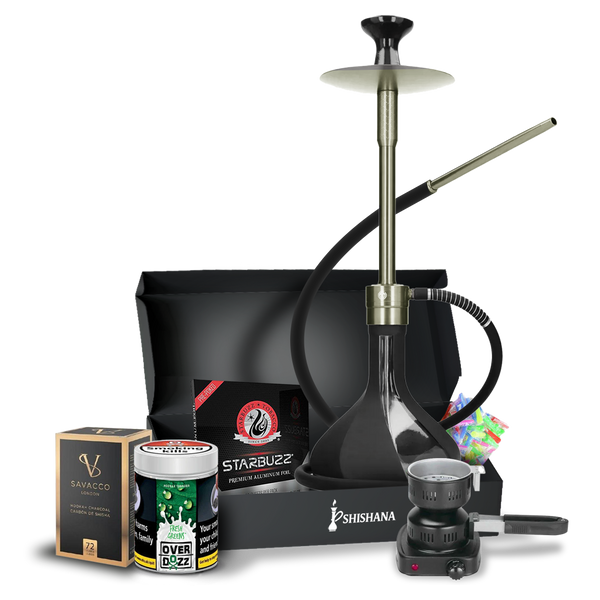 El-Badia Octagon Gun Metal Signature Shisha Bundle with octagonal vase, diffuser, silicone hose, Celeste bowl, and 200g Overdozz Fresh Greens flavour.