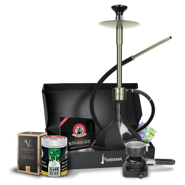 Gunmetal shisha pipe set with hose, charcoal, shisha flavors, and accessories bundle