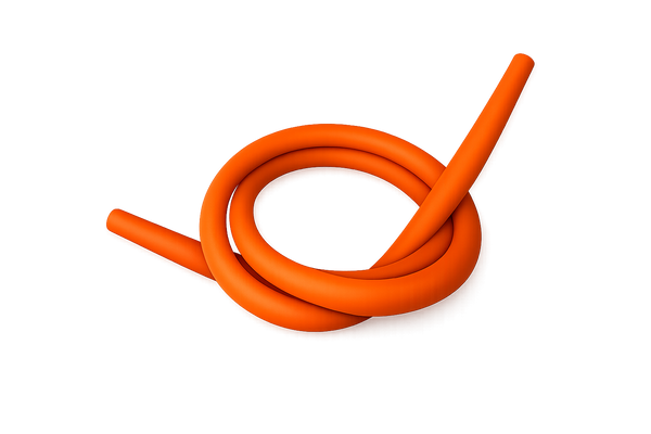 Orange silicone shisha hose coiled on gradient orange background, hookah accessory
