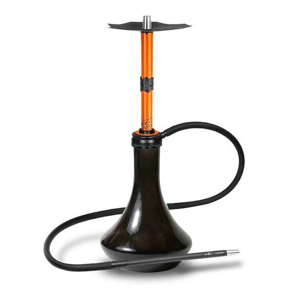 Modern orange hookah with black glass base and black silicone hose on white background