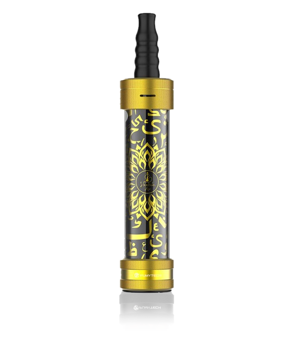 Elegant gold and black shisha pipe with ornate Arabic pattern and modern mouthpiece