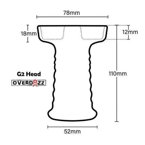 Diagram of hookah bowl with dimensions, labeled G2 Head Overdozz, showing measurements in millimeters.