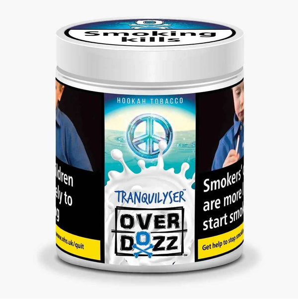 Overdozz Tranquilyser shisha hookah tobacco tub with peace symbol, health warnings, and blue design