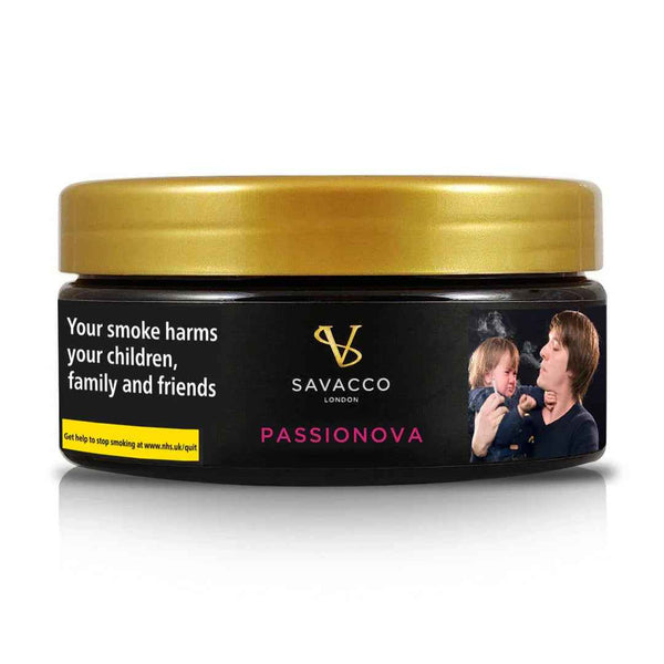 Savacco Passionova shisha tobacco tub with health warning, gold lid, and image of parent and child.