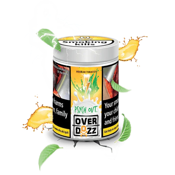 Overdozz Psych Out hookah tobacco container with peach slices and mint leaves