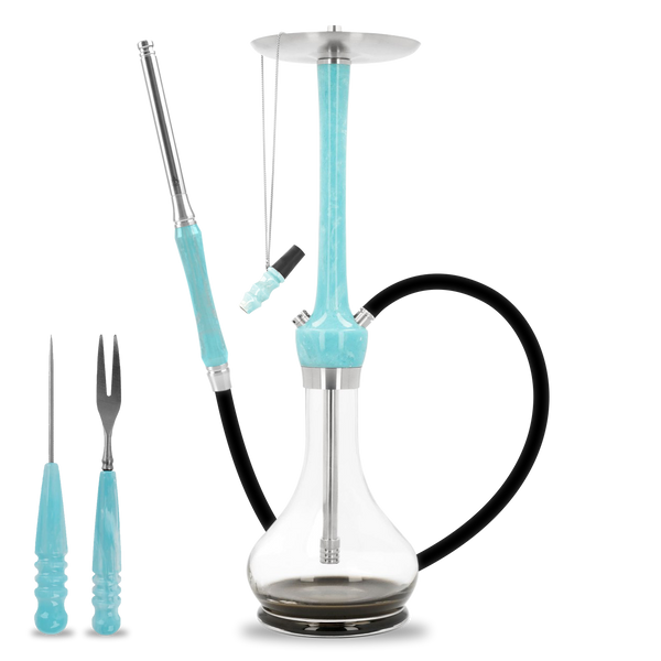Modern glass hookah with blue stem, black hose, mouthpiece, and hookah accessories set