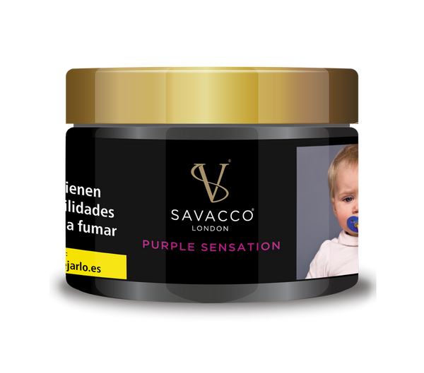 Savacco Purple Sensation jar with gold lid and health warning label, product for shisha use