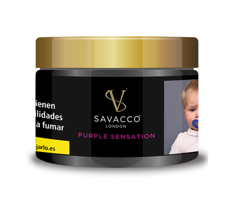 Savacco Purple Sensation shisha tobacco jar with gold lid and label, product front view
