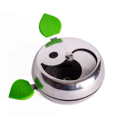 Metal shisha heat management device with green leaf handles on white background