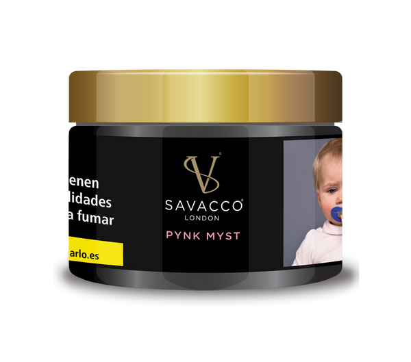 Savacco PYNK MYST 50g shisha tobacco jar with gold lid and warning label