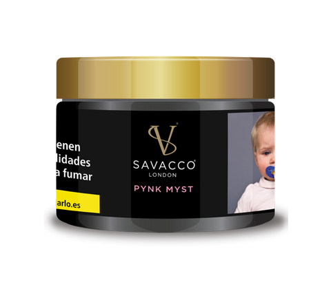 Savacco London Pynk Myst shisha flavor 50g jar with gold lid and product label