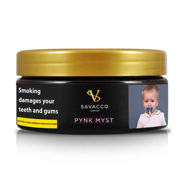 Savacco PYNK MYST shisha flavor tobacco tub with warning label and gold lid