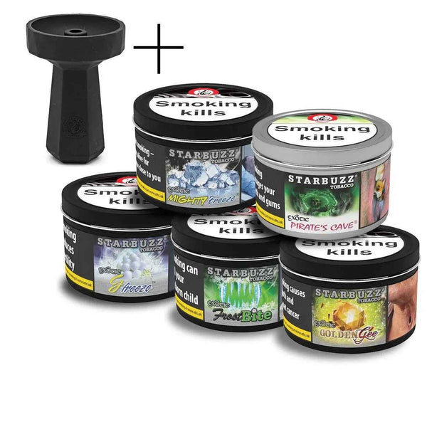 Pack of five Starbuzz shisha tobacco tins with hookah bowl, assorted flavours visible.