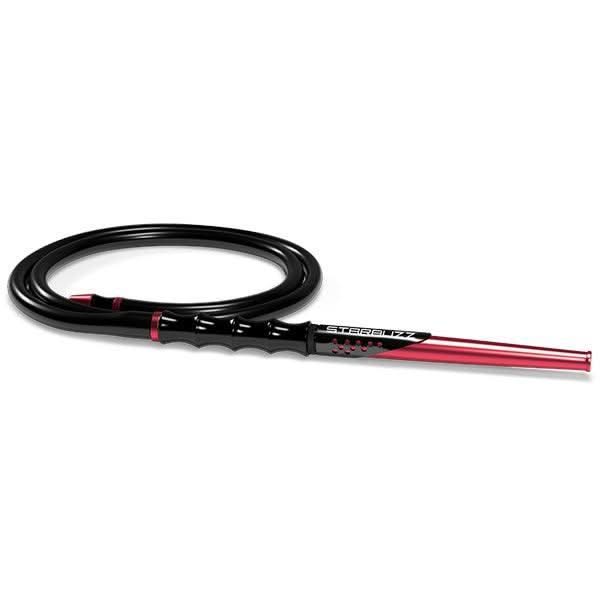 Red and black hookah hose with ergonomic handle on white background