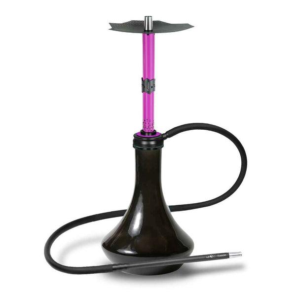 Modern pink and black hookah with glass base and silicone hose on white background