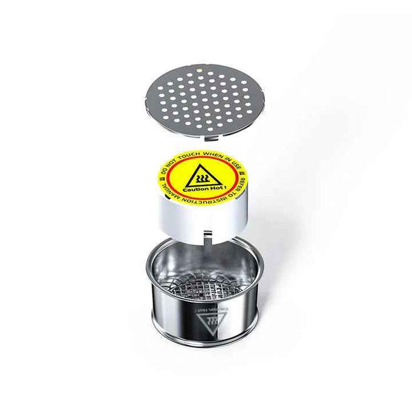 Metal shisha heat management device with warning label and removable perforated lid, isolated on white.