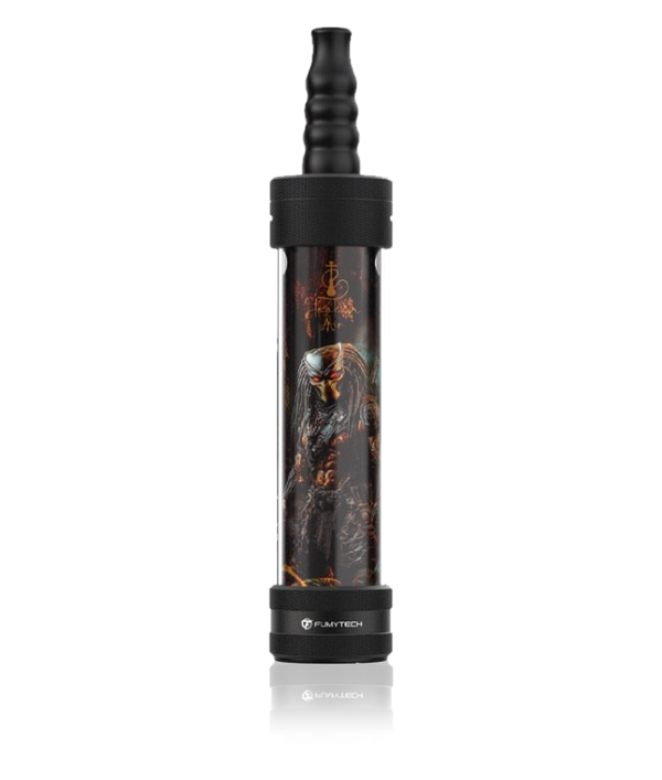 Modern shisha pipe with dark sci-fi character design, FumyTech logos, clear background