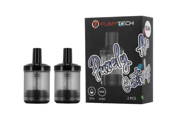 Two replacement vape cartridges and packaging labeled Purely Aio Cartridge, 2ml, 0.8Ω, pack of 2.