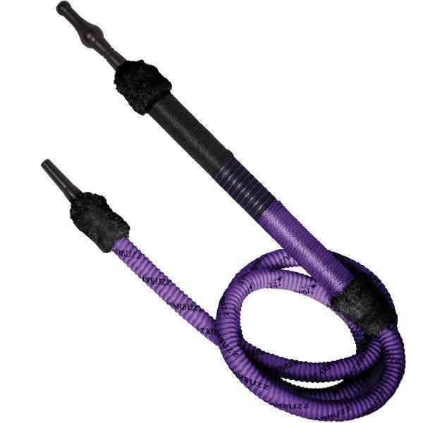 Purple and black hookah hose with coiled design on white background